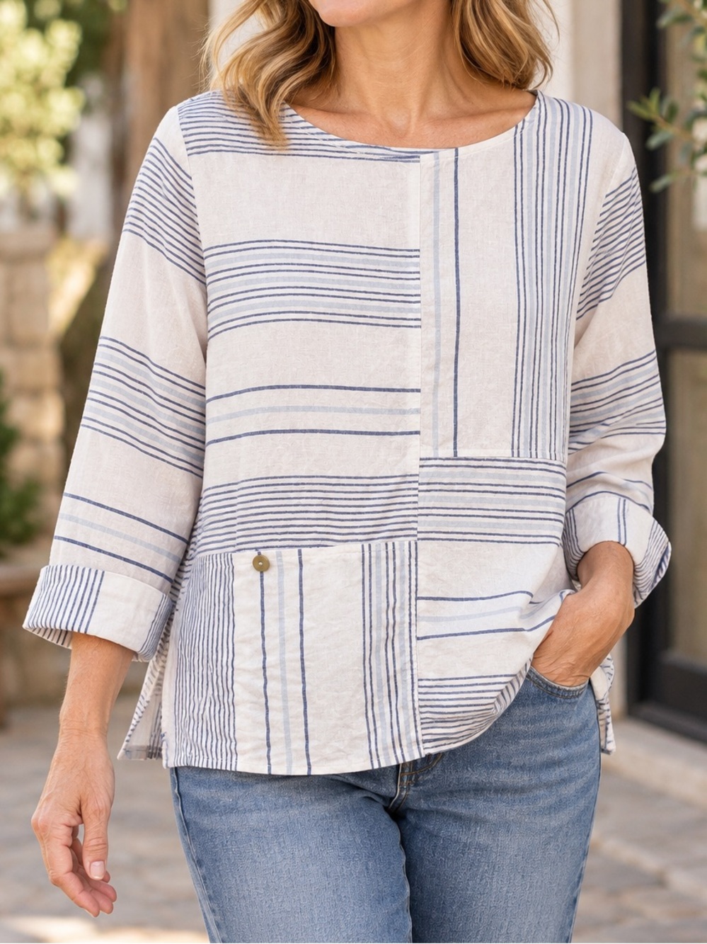 Habitat Linen Cotton Patchwork Stripe Tunic Top Blue White Coastal Size Small